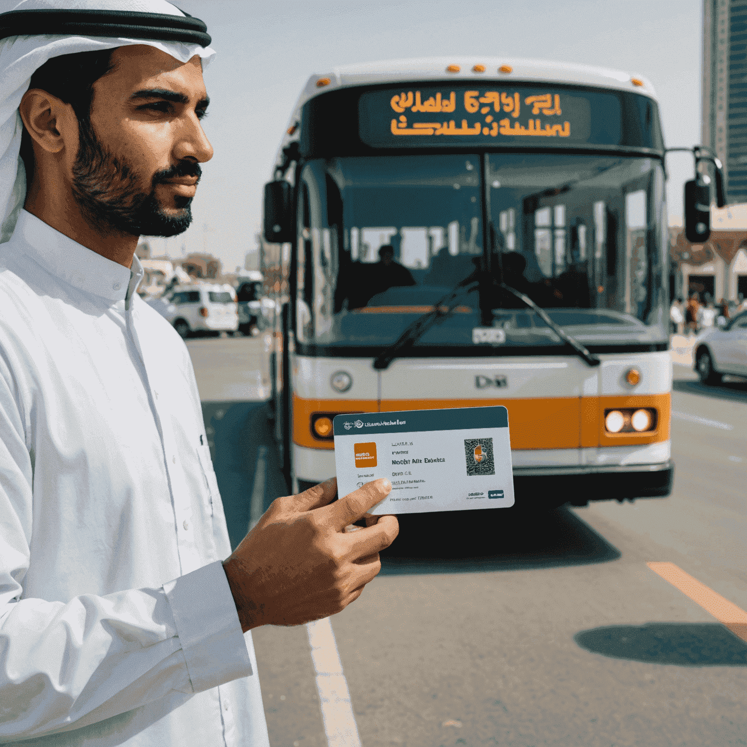 A person holding an RTA card while standing in front of a public bus in the UAE