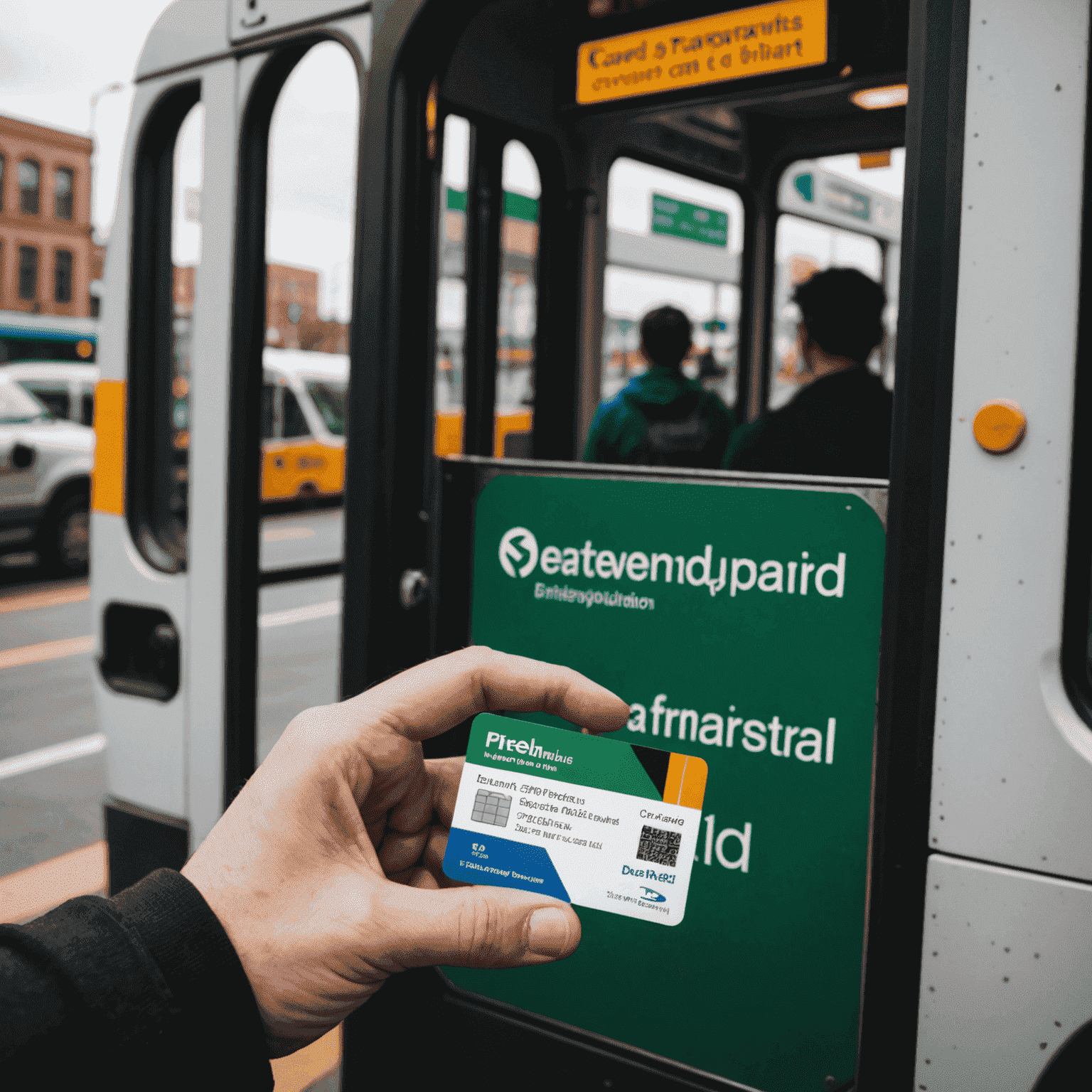 A person holding an RTA card in front of a public transportation vehicle, showcasing the convenience and benefits of using the card.