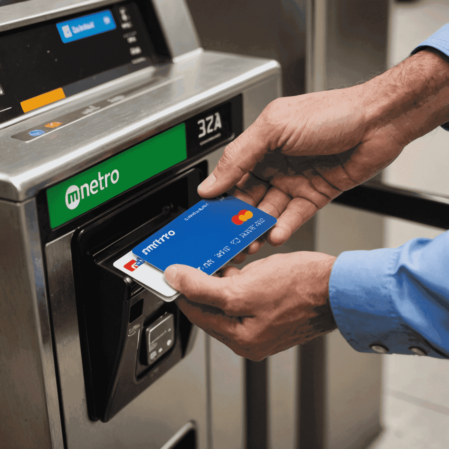 A close-up view of an RTA card being tapped on a card reader at a metro station turnstile