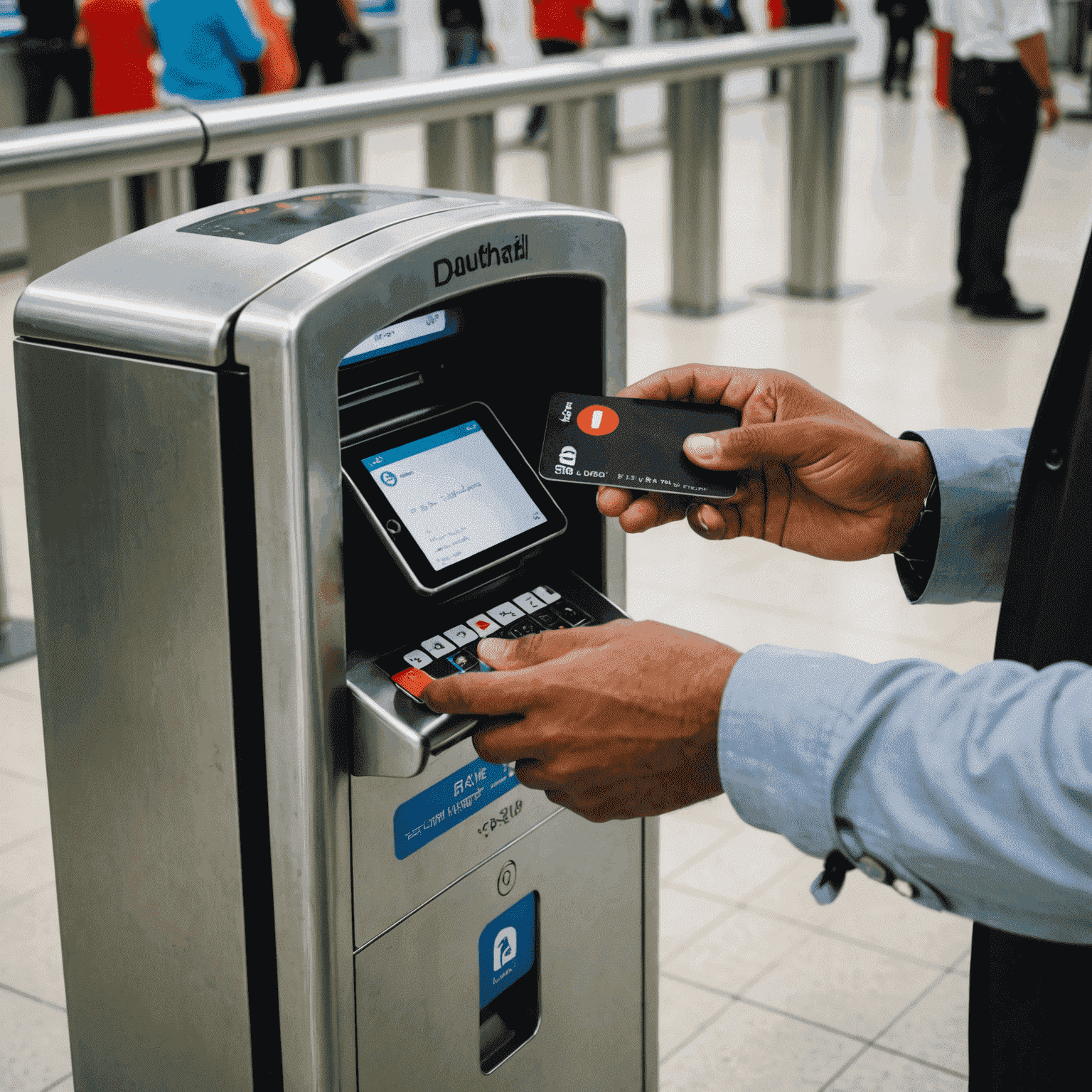 A person tapping their RTA card on a card reader at a Dubai Metro station turnstile